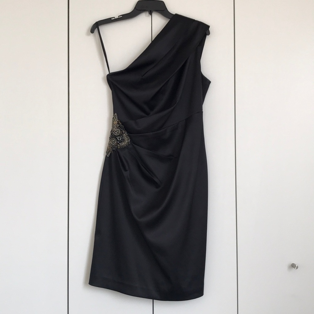Black cocktail dress with sparkly waist + roushing